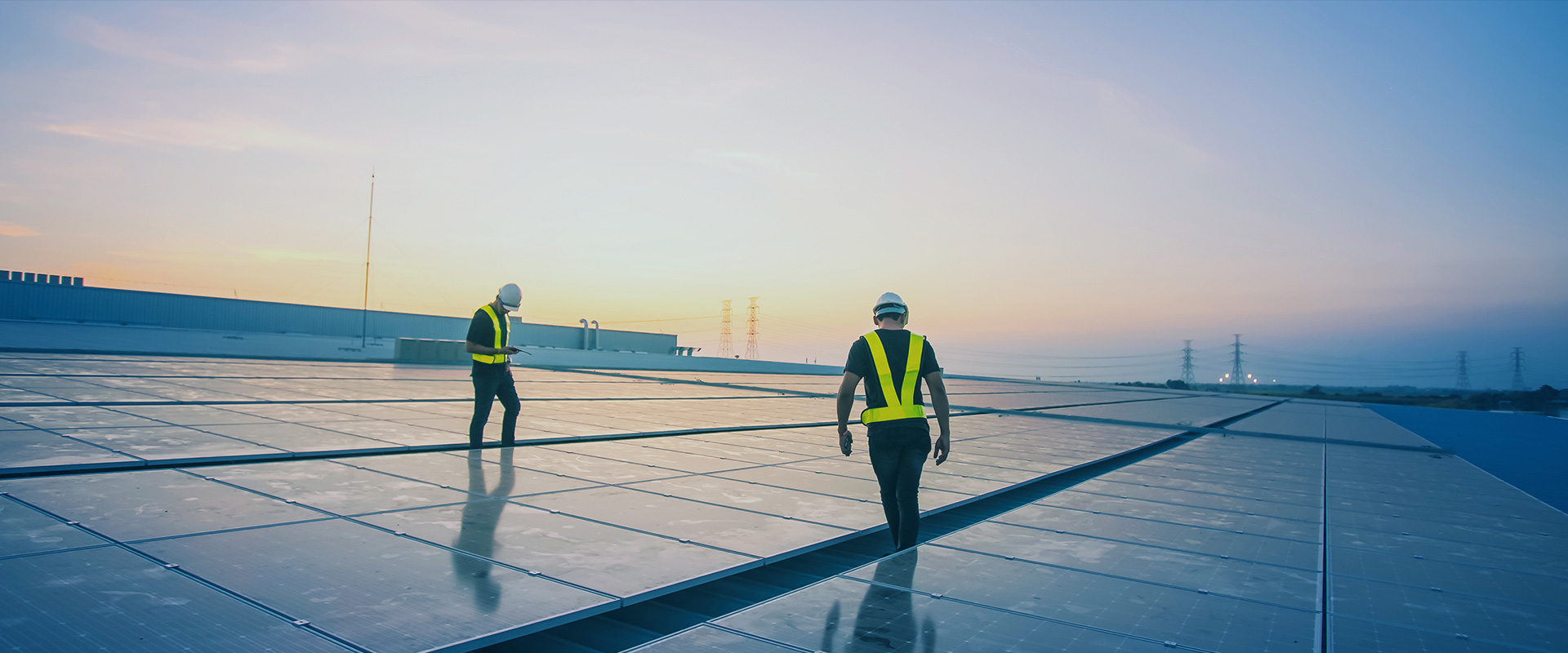 Growatt FAQ, frequently asked question, inverter error troubleshooting, Workers in high-visibility vests inspecting solar panels at dusk, growatt error 202, growatt error 203