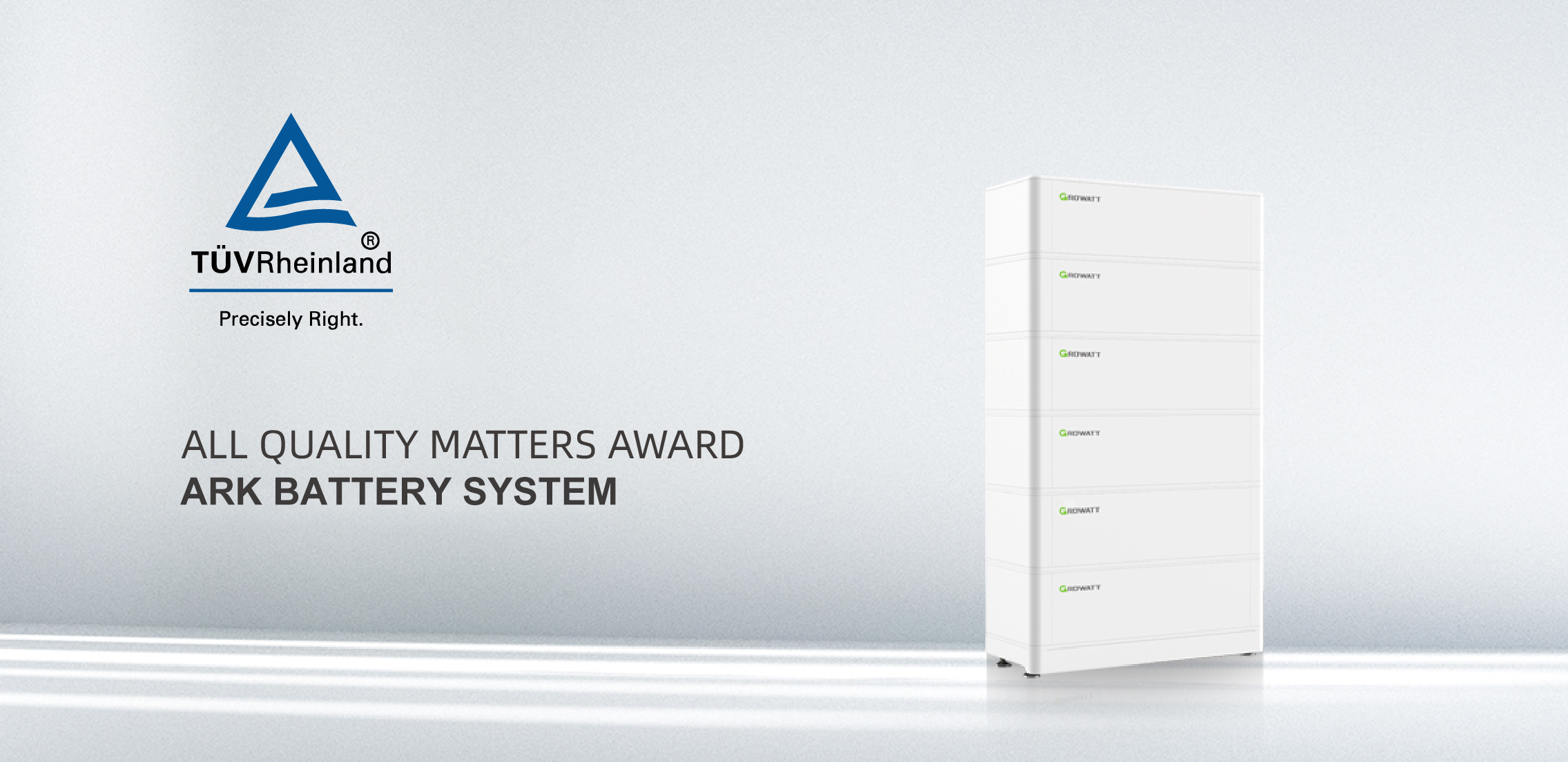 Grohome, lithium battery system, Growatt ARK, White modular battery system on the right with TÜV Rheinland logo and 