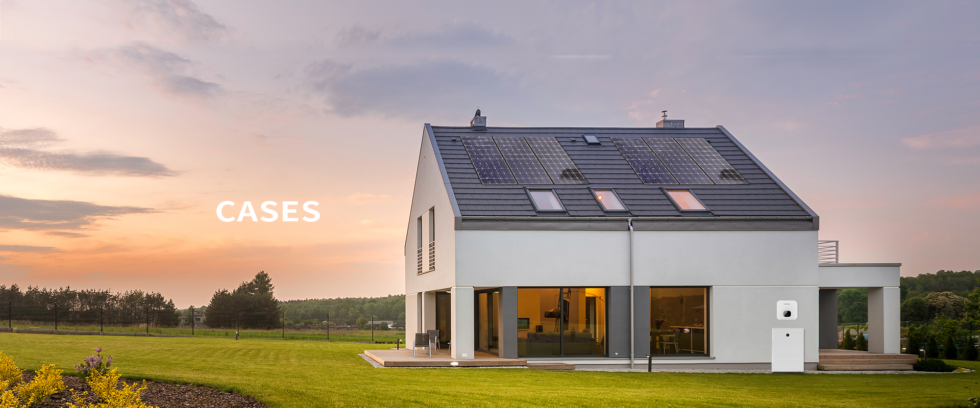 Growatt Case Studies, inverter case studies, inverter installations,modern house at dusk with solar panels on roof and word 