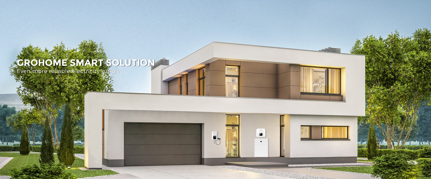 GroHome System, Smart Energy Management, Modern two-story house with garage and surrounding greenery, advertising smart home solutions.