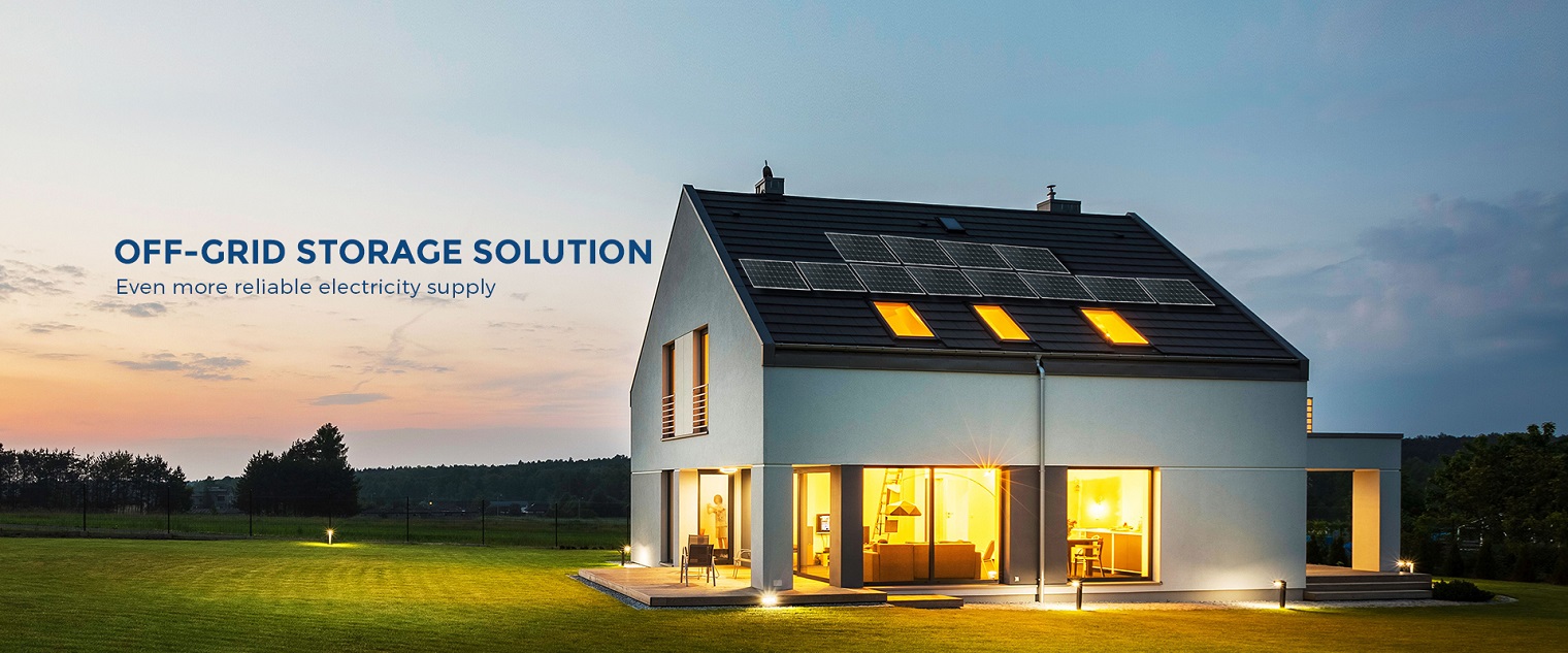 Off-Grid Storage System, Modern house with solar panels at dusk, advertising off-grid storage solutions.