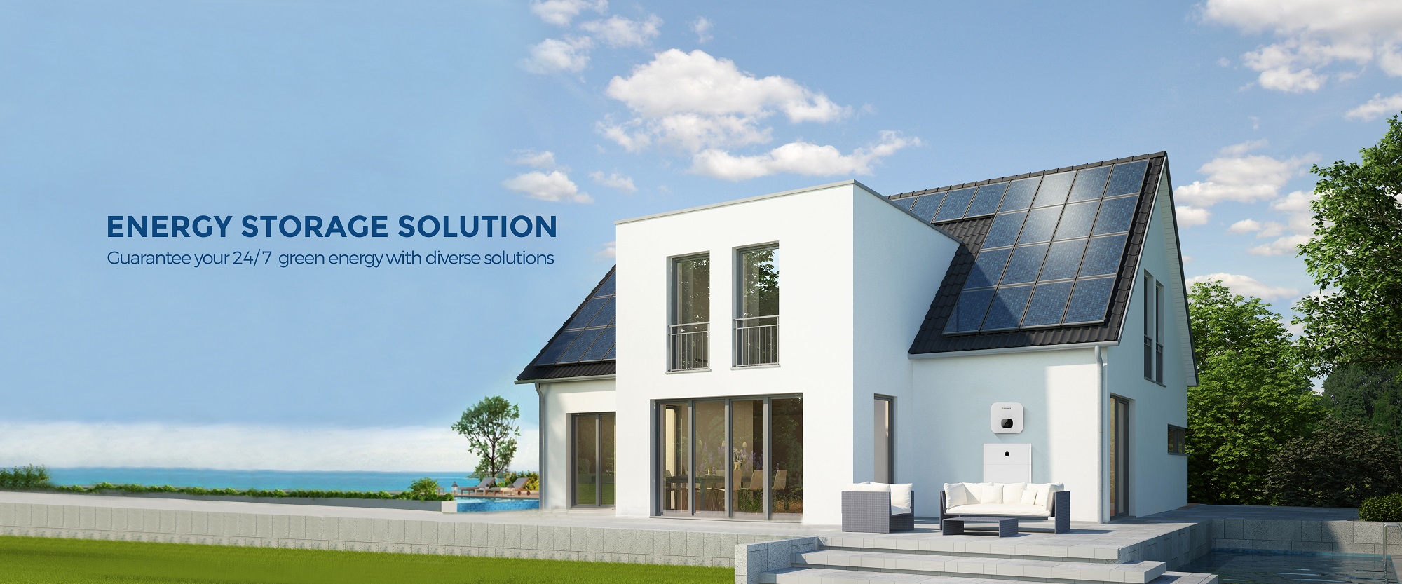 Residential Storage System, Modern house with solar panels on roof and energy storage unit, beside ocean and clear sky.