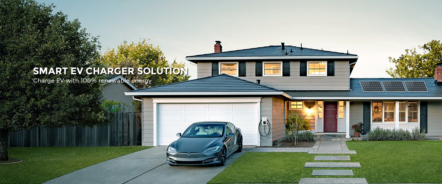 Smart EV Charger Solution, A modern house with solar panels and an electric vehicle charging outside the garage.