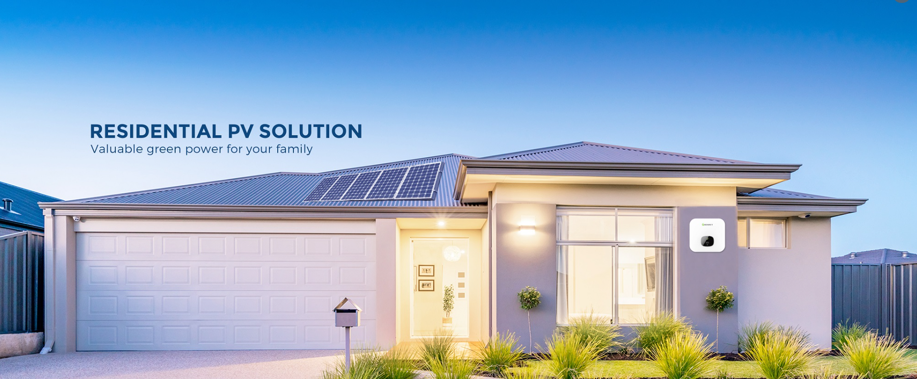 Residential PV Solution, Modern house with solar panels on roof and an energy storage unit, promoting residential green energy solutions.