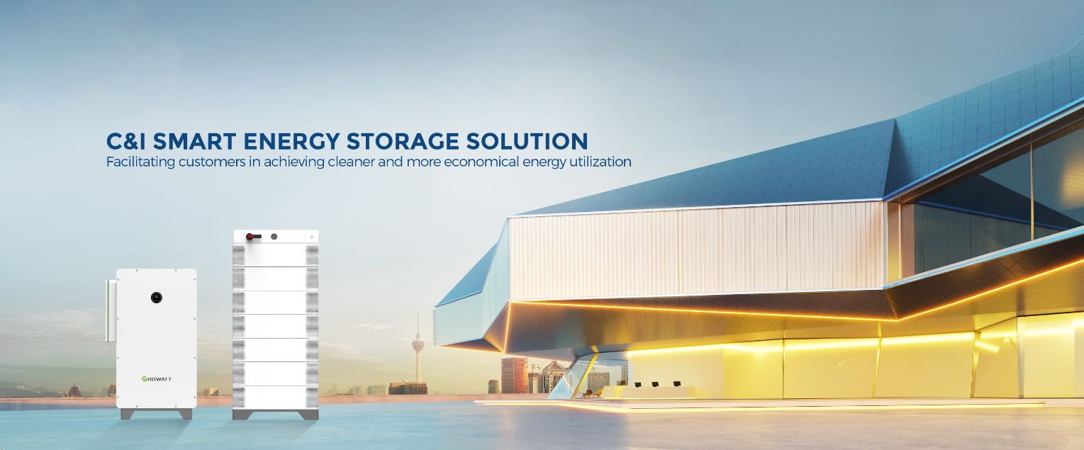 Commercial and Industrial energy storage system, Advert for C&I Smart Energy Storage with modern building and battery units on waterfront.